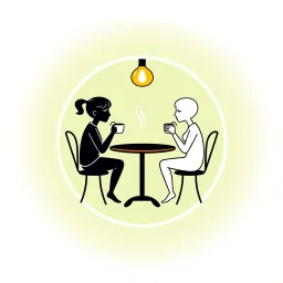 A circular logo for a cafe in a beautiful green color, with two people sitting around a two-person table in the center of the circle, drinking coffee, and the cafe light above the table is on, with each person's head resembling a coffee cup.