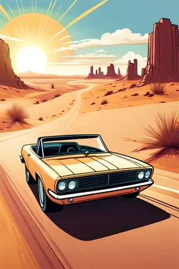 comic style, a cabriolet car driving down a desert road : 1.5 | sunny : 1