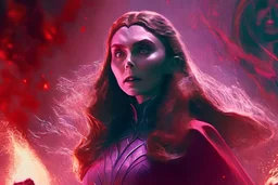 Feiticeira escarlate, wanda Marvel, elizabeth olsen, 4k render, vilã, manipulando magia, raiva, fundo de destruição, cores frias, cinematográfico, dramático