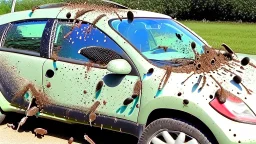 filthy car with bugs spattered on it