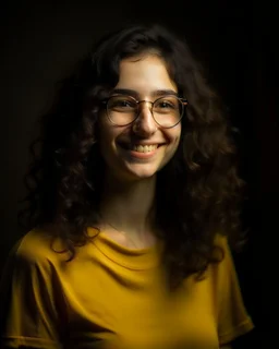 Jeune femme au sourire éclatant, longue et élancée, button nose, strong proeminent jawline, cheveux noirs, longs, bouclés et volumineux, porte de grandes lunettes rondes à la monture transparente. Elle porte un t-shirt de couleur jaune moutarde avec une chemise florale transparente. Rembrandt style lighting, 8k, portrait, HD.