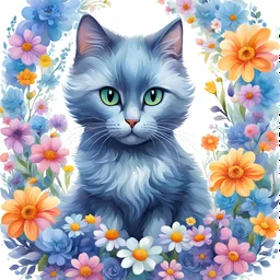 Beautiful little Bleu russe CAT surrounded by a swirl of colorful flowers, all rendered in a digital paint style, set against a pristine white background, vector image, with soft edges, gentle pastel palette, suitable for a children's book illustration, ultra fine details. surrounded by a swirl of colorful flowers, all rendered in a watercolor style, set against a pristine white background, vector image, with soft edges, gentle pastel palette, suitable for a children's book