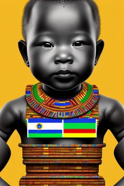 futuristic baby portrait in Kente, rusted clocks eyes, cinematic, scaffolding, ghana flag, african pattern symbols, engraved, 8k quality