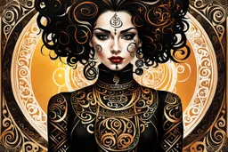 an abstract full body portrait of a goth punk girl from calligraphic letters, flourishes, and swirls , finely drawn and inked, in classic Arabic calligraphy, 4k, hyper detailed in the style of EL SEED and vibrantly colored in the style of GUSTAV KLIMT