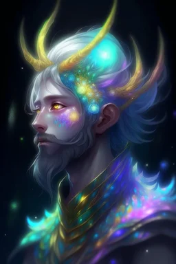 prismatic hair ethereal transparent prism astral projection Eladrin Male antlers druid beard sparkling radiance prismatic shining starlight enshrouded radiance moth