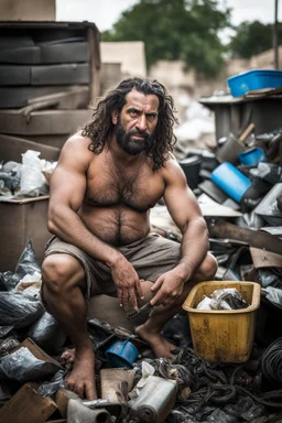 full figure shot photography of a dirty wet sweat strong hairy short beefy burly ,39 years old ugly angry arab , big nose, bull neck, short beard, dreadlocks, shirtless, manly chest, big belly, bulging shorts, emotive eyes , sitted on a chair relaxed ,belly up ,open legs, on a pile of garbage, angry eyes, big shoulders, side light, top view, aerial view