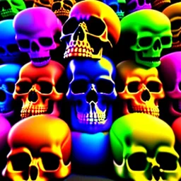 a picture of a dark, comedic, anatomically correct wall of colorful tightly packed stacked skulls of varying sizes and expressions, photo realistic, insanely meticulous, highly detailed, part of a collection of bones on display, 64k, dystopian, vray, cartoonish, cartoon character skulls