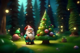 cute smiling ian sprigger art style Santa and nixeu art style Christmas tree, in the garden of Eden, with colorful trimmings, star on top of tree, gifts, toys, bokeh like f/0.8, tilt-shift lens 8k, high detail, smooth render, down-light, unreal engine, prize winning