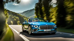 A sleek with livery (((bentley bmw))), its contours and details perfectly captured in a (((cinematic view))), zipping along a winding road under a beautiful blue fresh morning sky