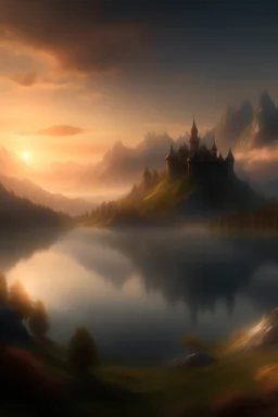 Montañas y lagos estilo época medieval fantasia en un amanecer