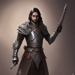 D&D character, male, long black hair, dark tan skin, artificer, holding gun, light armor, silver armor