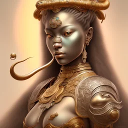 Sango fantasy, fantasy magic, intricate, sharp focus, illustration, highly detailed, digital painting, concept art, matte, art germ and Paul Lewin and Kehinde Wiley, masterpiece silver elephant head bronze Buddha Asian African girl nice breast Hawaiian hair turquoise golden waves