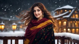 Hyper Realistic Photographic-View of an Extremely-Beautiful Young Happy Pashto Woman with very-beautiful eyes & beautiful brown hair wearing Black Dress with yellow embroidery & maroon-shawl standing on a balcony with beautiful snowfall night with wind-whirling-her-hair showing dramatic & cinematic ambiance.