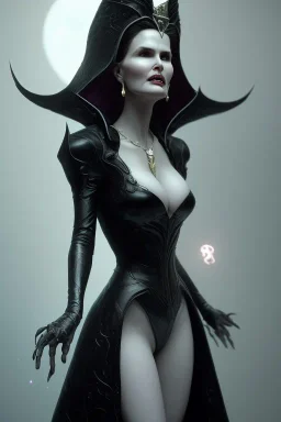 Geena Davis as evil queen in black leather gown, evil, busty, cleavage, curvy, angry, stern look. character design by cory loftis, fenghua zhong, ryohei hase, ismail inceoglu and ruan jia. unreal engine 5, artistic lighting, highly detailed, photorealistic, fantasy