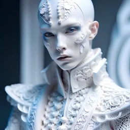 man, haute couture, white, intricate details, pastel colors, futuristic outfit, extraordinary makeup, japanese porcelaine doll, gorgeous, weird, serious, 4k