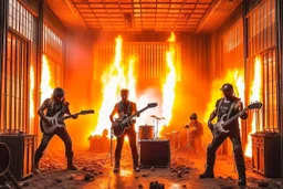 A hard rock band made up of Terminators performs in a burning building.