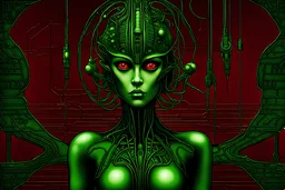 Surreal alien love woman,in the background is a big space station with big window,Hyper Detailed,Beautiful,Geometric,eyes,organic stuff,crazy details,dust and noise,full body,cybernetic,cable electric wires,microchip,anatomical,polished,porcelain,citrine,Surrealism by H.R.Giger,green and red highlights,polished,DSLR camera Sony Alpha 7 50mm 1.8,medium shot,high-resolution image with fine details