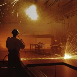 Imagen fotorrealista deun trabajador de fábrica en España, rodeados de chispas que salen de las máquinas, dramáticamente iluminadas por el resplandor ardiente de las chispas. La atmósfera es intensa pero laboriosa, con sombras proyectadas por la luz tenue que agregan profundidad. Los detalles clave incluyen las expresiones dinámicas en los rostros de los trabajadores, que reflejan concentración y determinación, dentro de un fondo industrial bullicioso, que muestra maquinaria y herramientas.