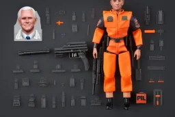 packaging label Mike pence g.i. joe toy With a gun space force uniform action figure, fluorescent orange, pricetag, snowcat