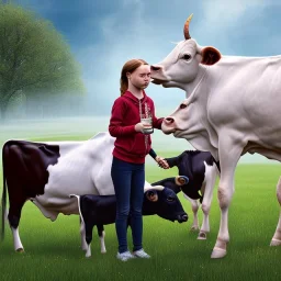 portrait Greta Thunberg drinking milk from a cow