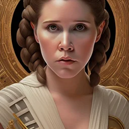 star wars death star background, complete and photo realistic detailed head to waist stunning photo realistic portrait of young carrie fisher as Princess Leia in star wars with photo realistic hairstyle by Mandy Jurgens and mucha and Richard Schmid and chuck close and chie yoshii, extraordinary and detailed ceremony dress of star wars,brown eyes