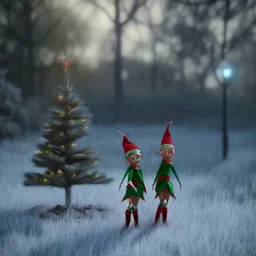 elves. Christmas scene. photorealistic. low-key