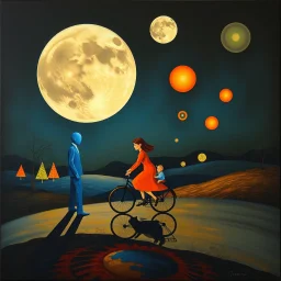 create a surreal night painting inspired by Salvador Dalí, non-human geometric figures of blue father, orange-red mother, and small baby riding a bicycle, abstract triangular trees and floating circles glowing in the dark, large segmented moon dominating the sky, dreamlike reflections on the ground, painterly surreal textures --ar 16:9 --v 7 --style 4b --q 2