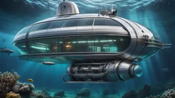 An stunning modern futuristic glass and metal submarine in the ocean, with a large body of water surrounding it. The submarine bottom positioned in the center of the frame, providing a unique perspective on this streamlined high-techstructure underwater, high detalied, shapr focus, sci-fi mood