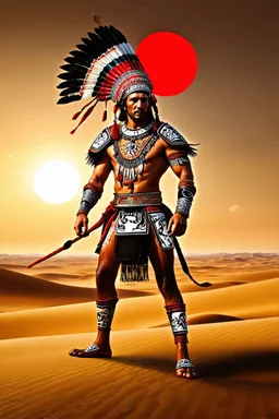 Full legs. Striking portrait of Nantli warrior as anthropomorphic puma, adorned with intricately designed traditional armor and headdress. His face, painted with black and white patterns, radiates a fierce and determined expression. A red sun adorns his headdress, symbolizing strength and power. The background, a vast, golden desert landscape, with a sun setting behind some rocky outcrops. 8k. Full body