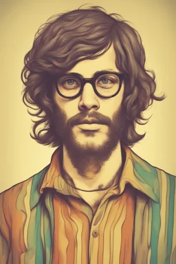 hippie young man with glasses of colours and poor and short short short and poor hair on the head with receding hairline. Farsightedness glasses with big eyes. Shirt beard in the head. Vintage look and feel like photo style-of the 70s