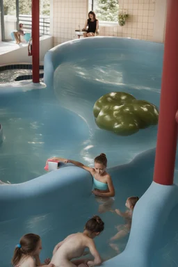 girl with messy bun sitting on a desk working on het laptop. While children are playing in the pool.