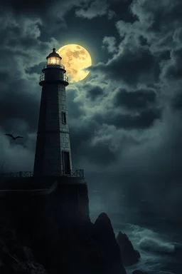 A chilling Halloween night scene dominated by a tall, eerie lighthouse set on jagged cliffs overlooking a stormy, pitch-black ocean. The lighthouse itself is ancient, with cracked stone walls, iron railings, and a flickering light casting faint, ominous beams across the dark, misty waves below. The sky above is inky black, with thick clouds swirling ominously, partially revealing a full, yellowish moon that bathes the scene in a ghostly glow. Shadows loom around the cliffs, while ghostly fog rol