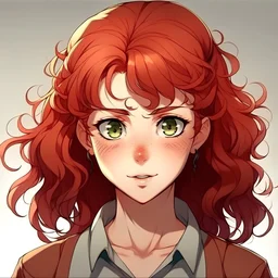 Teenage girl, red curly hair in a low side ponytail, brown eyes, anime style, front facing, looking into the camera