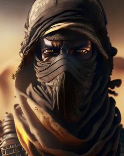 Libya personified as a villain, Cinematic style, Blurred background, High Detail, HR, Dark Background, realistic physics, photorealistic, ray tracing, unreal engine, HDR, 8K, Desert, Terrorist, masked african, war background, scarfaced,Berber