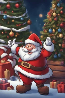 smilling santa claus next to christmas tree, disney and pixar style