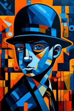 The kid gangster who sold the world (surrealism, abstract, cubism,)(black blue and orange colors)