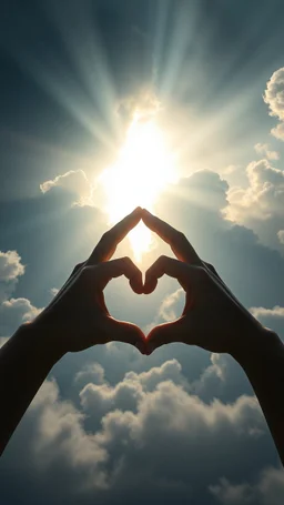 A huge beam of light above swirling clouds, emerges from the heart of a raging storm. Turbulent winds of steam swirl around the sun lit by shafts of sunlight that cast dramatic shadows on the A beautiful 2 hands making a heart shape sign , High quality 16k cinematic scene and great photography