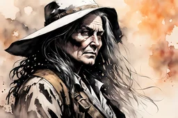 create an ink wash and watercolor, close up, full body portrait of an aged female, late 19th century Louisiana bounty hunter, Hunt: Showdown, La Luz Mala, in the comic book style of Warren Ellis ,Bill Sienkiewicz, and Jean-Giraud Moebius highly detailed hair and coarse, lined, rugged, weather worn feminine facial features, ragged, worn clothing, grainy, gritty textures, foreboding, dramatic volumetric lighting , vivid natural colors