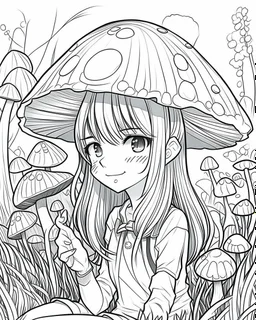 black and white digital art, kawaii anime style mushroom – human adult, mining action pose outdoors, realistic, outlined art, line art, adult coloring book no border