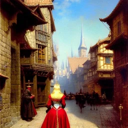 fullbody portrait 'beautiful blonde busty medieval woman on street in medieval city',corset,painting by gaston bussiere, greg rutkowski, yoji shinkawa, yoshitaka amano, tsutomu nihei, donato giancola, tim hildebrandt, oil on canvas, cinematic composition,sharp image, extreme detail,((fit full head inside picture)),32k