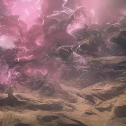 DANCING ALIENS, FLOWING FABRIC, cinematic lighting, 4k, 8k, octane render, digital concept art, ambient lighting, PINK, MOUNTAINS SUNSET