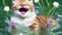 laughing cat in water with flower