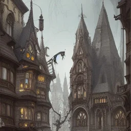 Square+gothic architecture +detailed facades+human scalades+beautiful, liveable urban square lined with with richly detailed houses and shops, ,street trees,ornamental flowers +uphill road+biopunk+Book illustration by Gediminas Pranckevičius, Jean Baptiste Monge, Brian Kesinger, Anton fadeev, Kilian Eng, strong lines, high contrast vibrant colors, highly detailed, 16k resolution, trending on behance