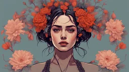 a digital painting of a woman with flowers in her hair, epic portrait illustration, in style of digital illustration, inspired by Kahlo, cyberpunk flowerpunk, queen of the dead, by Galen Dara, bagshaw art style, martin ansin artwork portrait, jen bartel, vector art style, beautiful female neuromancer, portrait of arya stark