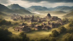 fantasy colour photograph of large walled village with Mongolian empire architecture in a forested river valley surrounded by wooded hills with a vast plain in the distance, award-winning photograph, beautiful composition