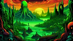 CTHULHU RITUAL LANDSCAPE DIGITAL ART COLORFUL