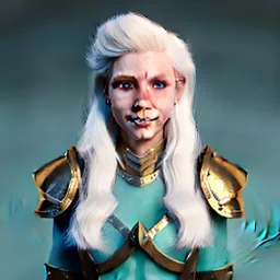 D&D female cleric with platinum blonde hair, gold eyes, smiling, teal armor