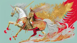 Illustrated rendition of a Polish Winged Hussar with winged armor charging down a hill on white horse holding a large golden sword with psychedelic swirls of color and glitter in reds, whites, golds, and silvers