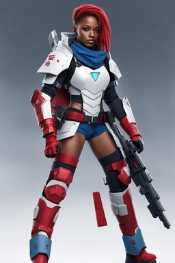 This magazine cover depicts a futuristic female warrior dressed in lightweight combat gear that blends technological aesthetics with fashion elements. The character wears a white jacket adorned with red armor plates, emphasizing protection and agility. A cropped blue tactical vest and denim shorts convey dynamism and strength. The gear includes knee pads, a tactical belt, and multifunctional gloves, highlighting combat readiness. The headgear features goggles and a communication device, enhancin