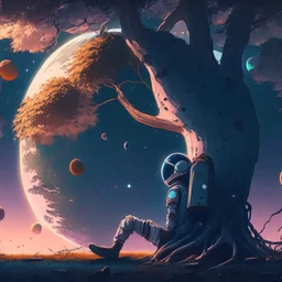 A lonely astronaut sits under the shade of an old tree on the edge of a planet. He looks at a beautiful galaxy. And he is thinking while waiting for his love. The sky is full of space balloons.4k, high resolution. full detail. digital art, anime.